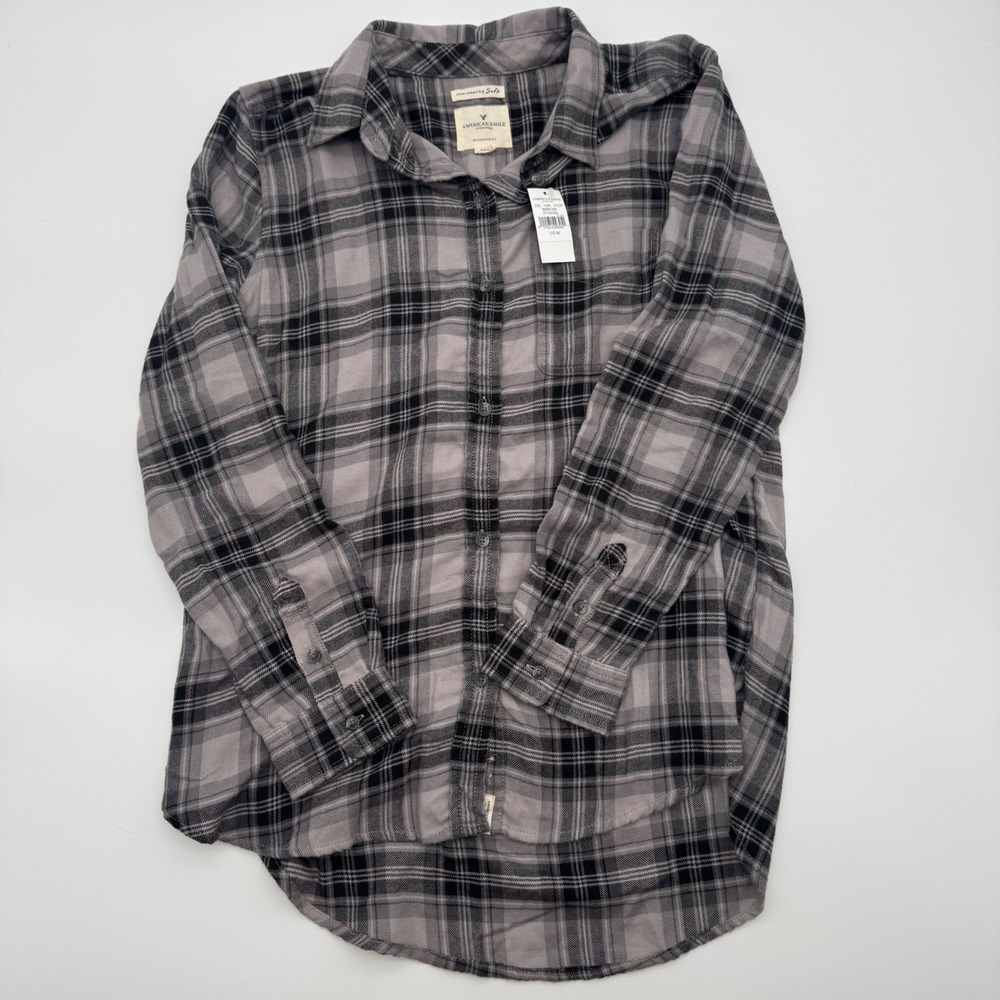 American Eagle Soft Plaid Flannel Shirt Womens Medium Boyfriend Fit Grey Black - Picture 1 of 5